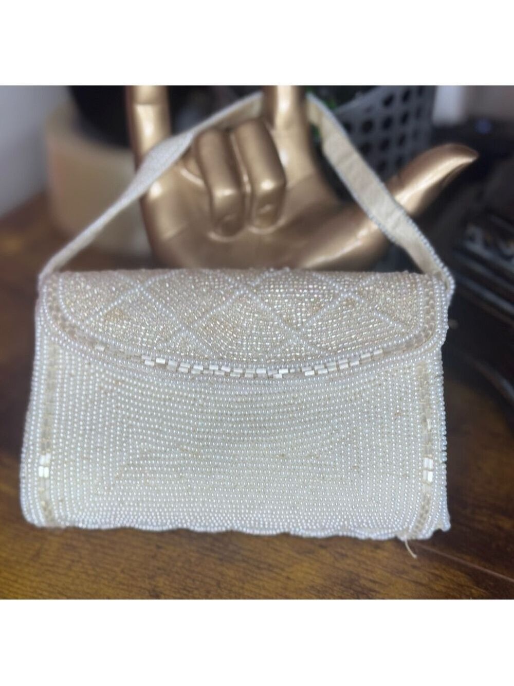 Vintage Beaded purse cream beaded crown  snap Vintage Japan - Picture 3 of 15
